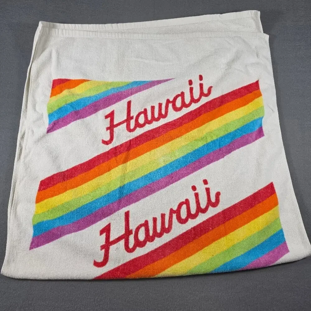 Vintage Rainbow Stripe Hawaii Souvenir Bath Hand Towel Retro 70s 80s